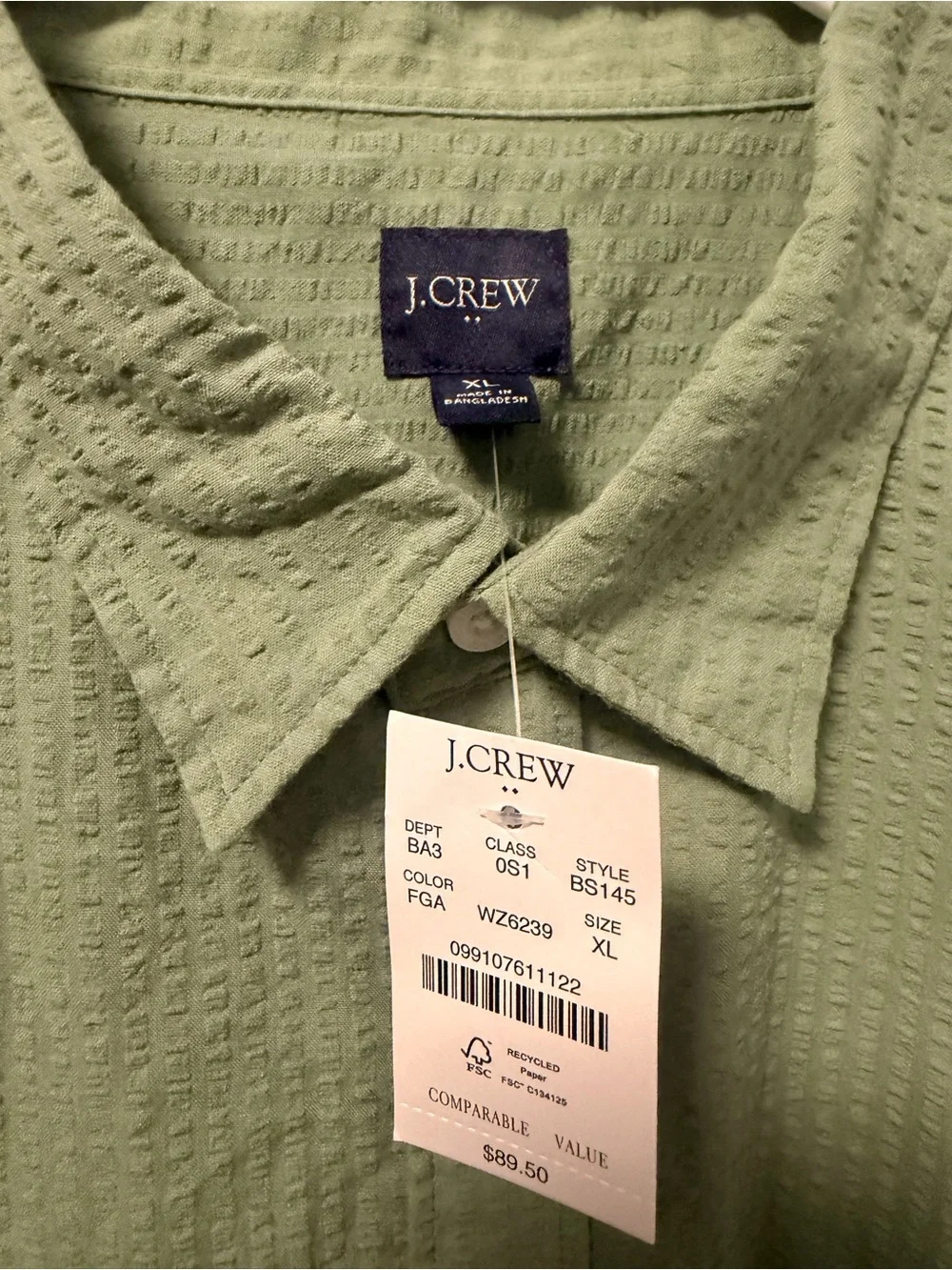 J. Crew Men’s Short-Sleeve Waffle Dobby Camp Shirt Sage XL NWT